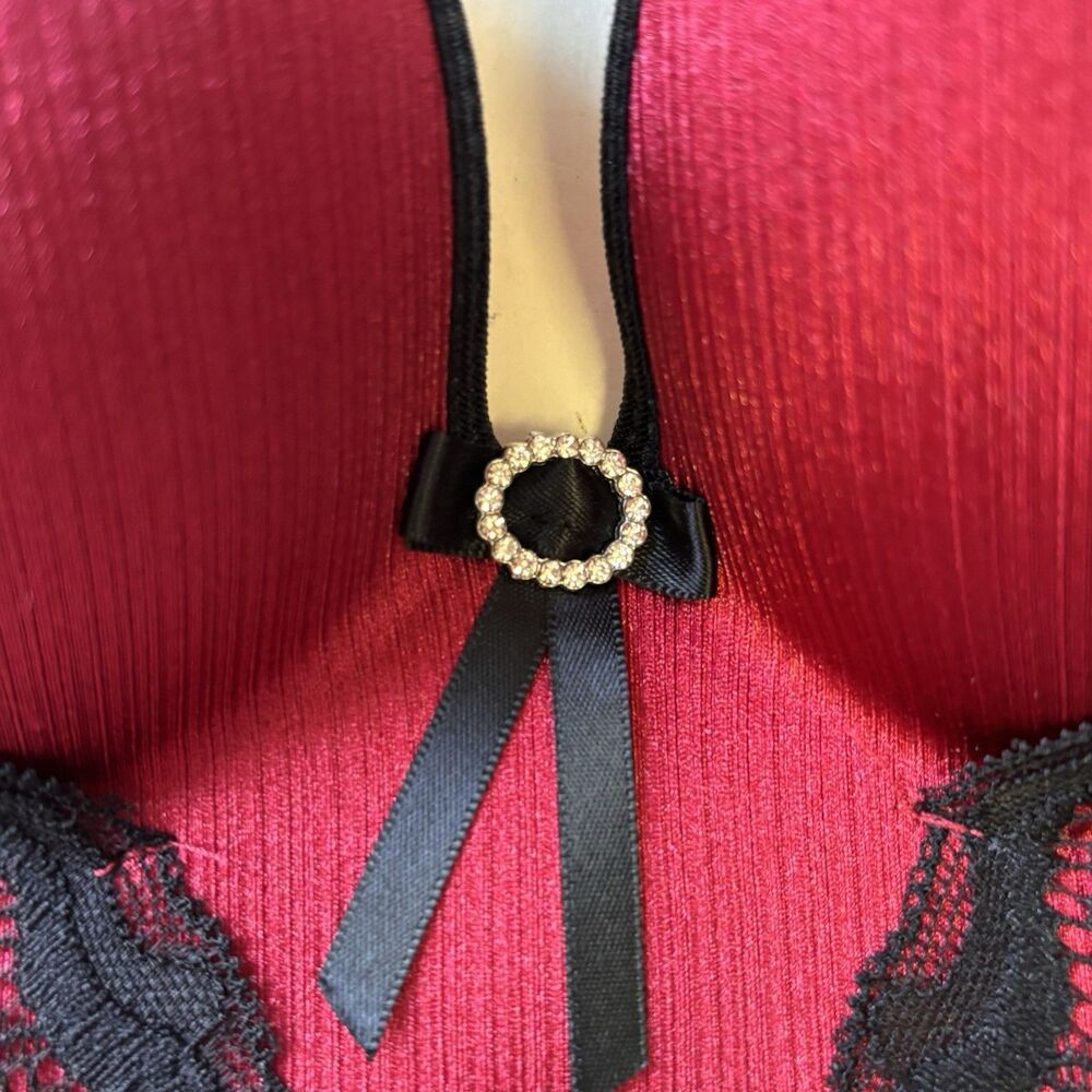 FENGTI Bras Lot Of 2 Push Up 36B Black And Maroon Rhinestones Lace Sexy Lingerie - Picture 9 of 16